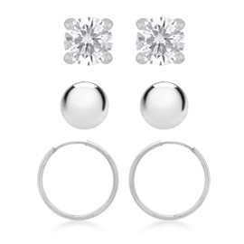 Tuscany Silver Women's Sterling Silver Ball/Cubic Zirconia/Hoop 3 Earrings Set