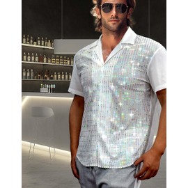 AIBEIX Mens Mesh Sequins See Through 70s Disco Short Sleeve Button Down Shirts(White,Large)