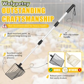 Chicken Poop Scooper & Rake, 3 in 1 Chicken Coop Scoop 23" to 42" Adjustable, Durable Metal Sifting Litter Shovel, Chicken Coop Accessories for Chickens Coop, Small Farm Animals, Cat Litter