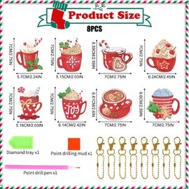 8 Pcs Christmas DIY Diamond Painting Keychain,5D Double Sided Full Drill Diamond Keyrings,Xmas Teacup Shaped Diamond Art Craft Kits Key Rings for Kids Adults,Key Pendant for Purse Phone Bag Decor
