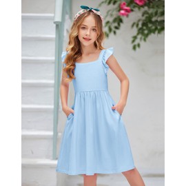 Arshiner Girls Summer Dresses Square Neck Ruffle Sleeve Tie Back A-Line Swing Casual Midi Dress with Pockets Sky Blue