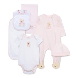 Little Me Baby Layette Gift Set - Footie and Cap, Onesie, 3-Piece Bib And Burp Set, Swaddling Blanket, Baby Shower Gifts - Pink Bear, 6 Months