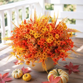 Artificial Mums Fall Flowers for Outdoors, Fake Mums Faux Plants for Outdoor Planters Autumn Decorations,UV Resistant Silk Flowers and Ferns for Front Porch Garden Patio Home Outside Decor (SET2)