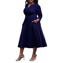 Nmoder Women's Plus Size Stretchy Flared Wrap Dress V Neck 3/4 Sleeve Casuel Wedding Guest Cocktail Work Midi Dresses Navy Blue