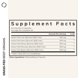 Codeage Suplemento de órganos de carne alimentados con pasto – Suplementos glandulares – Congelado secado, sin desecación, hígado desecado, corazón, r