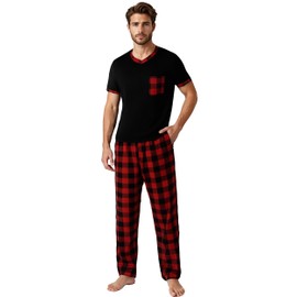 YUSHOW Mens Pyjamas Sets Short Sleeve Pjs Set Soft Loungwear Crew Neck Shirts & Checked Bottoms Pyjamas for Men Sleepwear PJs Nightwear with Pockets
