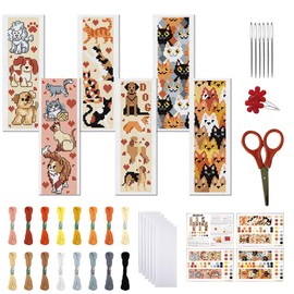 FREEBLOSS 6 Set Cross Stitch Bookmark Kit Stamped Cross Stitch Kit for Beginners Embroidery Set with Instruction for Adults Cute Cats and Dogs 8"*2.4"