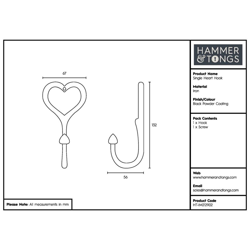 Hammer and Tongs Black 65mm x 130mm Single Heart Hook