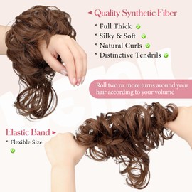 FeidyLong 2PCS Messy Bun Hair Piece Tousled Updo with Tendrils Wavy Curly Hair Bun Scrunchies Ponytail Extension Elastic Band Hairpieces For Women (Light Brown)
