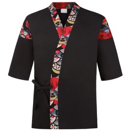 Unisex 3/4 Sleeve Black Sushi Chef Coat Kimono Cardigan Japanese Chef Uniform Red Patchwork Printed Chef Jacket XL