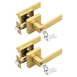 Tinewa 2 Pack Brushed Gold Entry Door Levers with Lock and Key, Satin Brass Keyed Alike Lockset Combo Pack, Entrance Door Handles for Office and Front Door, Door Knobs Lockset (Each with 3 Keys)