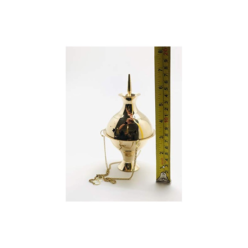 Brass Hanging Censer, Charcoal Incense Burner with Chains, 7" High