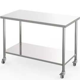 GarveeTech Stainless Steel Table, 48" x 24" Commercial Prep Work Table with Adjustable Undershelf and Locking Casters, 2 Tier Metal Table for Restaurant, Home, Kitchen, Garages and Outdoor