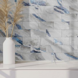 16-Pack Peel and Stick Backsplash Marble Wall Tiles, Waterproof 4" x 8" Glossy Imitation Ice Blue Marble, PVC Shower Wall Panels for Interior Wall Decor; Tile for Kitchen, Bathroom, and Fireplace