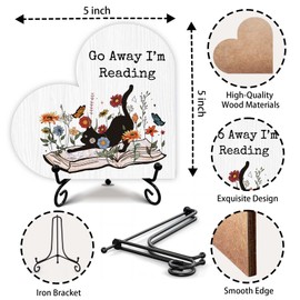 Desk Decorations For Women Office, Go Away I am Reading，Gift For Her Him. Wooden Heart-Shaped Plaque, 5x5 Inches.