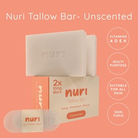 Nuri Tallow Soap 2 x 100G Multipack – Unscented Luxury Soap – Luxurious Multi-Use Bars for Skin, Body, Hair & Shaving – Nourishing, Moisturising & Natural – Rich Creamy Lather – 100% Toxin-Free