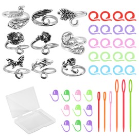9 Pcs Portable Crochet Knitting Tension Rings with 30 Stitch Markers 6 Large Eye Plastic Sewing Needle, Adjustable Crochet Yarn Tension Guide Holder for Finger Crochet Projects