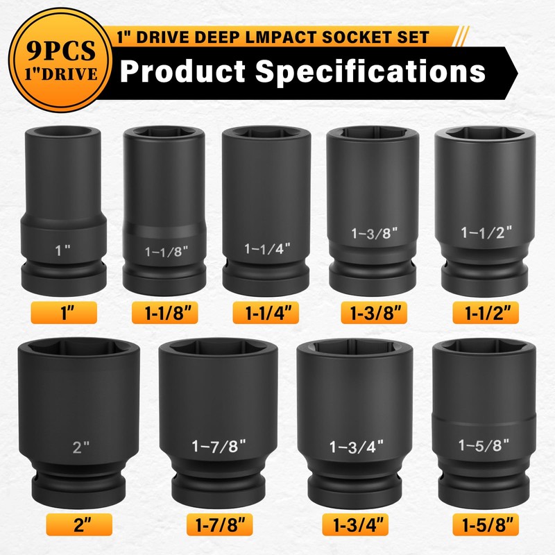TUZkozs 1" Drive Jumbo Impact Socket Set,9 PCS SAE (1to