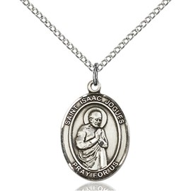 Bonyak Jewelry Saint Medal Collection Sterling Silver St. Isaac Jogues Pendant 3/4 x 1/2 inches with Sterling Silver Lite Curb Chain