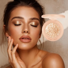 Eyeshadow Glitter – Champagne Gold & Pearlescent Highlighter – Shimmer Single Eyeshadow & Face Highlighter Talc-Free Vegan Pressed Powder Long-Lasting Waterproof Festival Makeup（06）