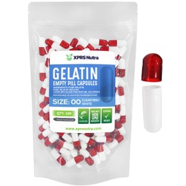 XPRS Nutra Size 00 Empty Capsules - 100 Count Empty Gelatin Capsules - Pill DIY Capsule Filling - Fillable Pill Gel Caps for Do-It-Yourself Supplements (Clear Red/White)