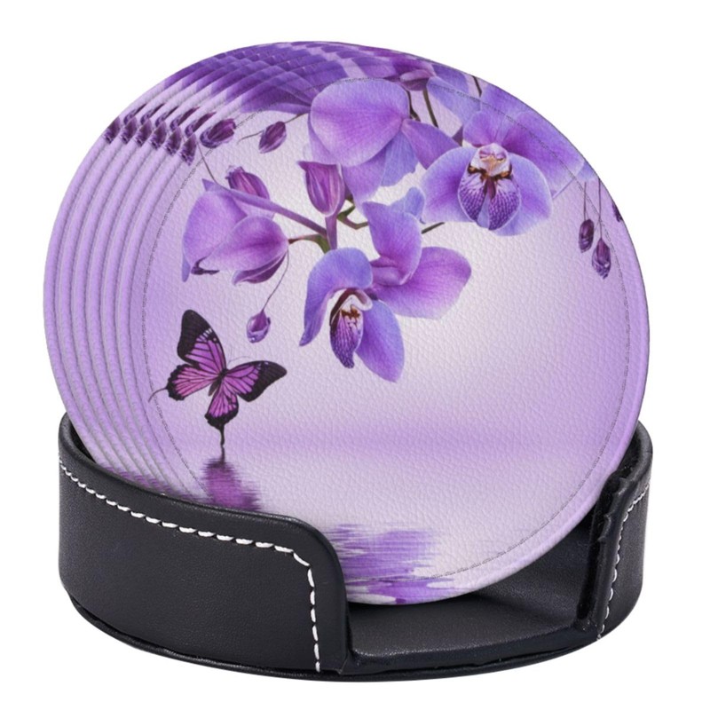 Famame 6 Pcs Orchid Purple Butterfly Leather Coasters for Drinks