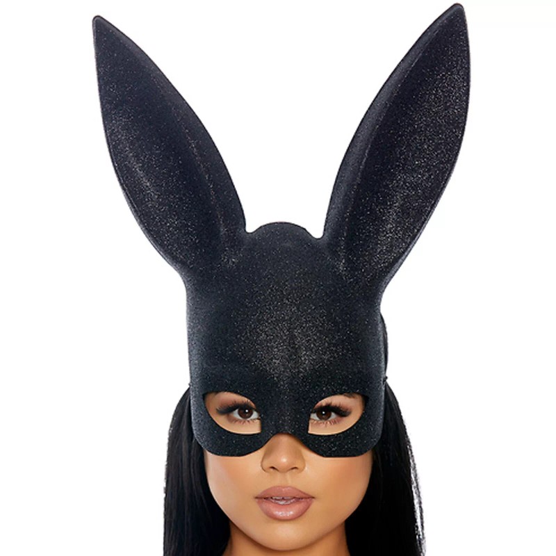 Glitter Bunny Mask Tall Ears Elastic Strap Rabbit Costume Black