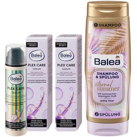Balea Set of 3 hair care: Professional leave-in serum plex care strengthens damaged hair, builds, smooths the hair structure (2 x 50 ml) + twin pack ETERNAL SUMMER shampoo and conditioner (300 ml),