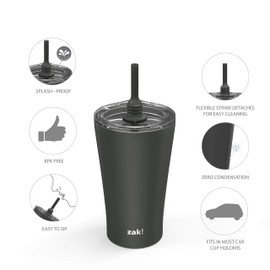 Zak Designs Alfalfa 20oz Stainless Steel Vacuum Insulated Tumbler with Flexible Silicone Straw, Double Wall Travel Mug with Splash Proof Lid - Keeps Drinks Cold in Your Cup, Charcoal