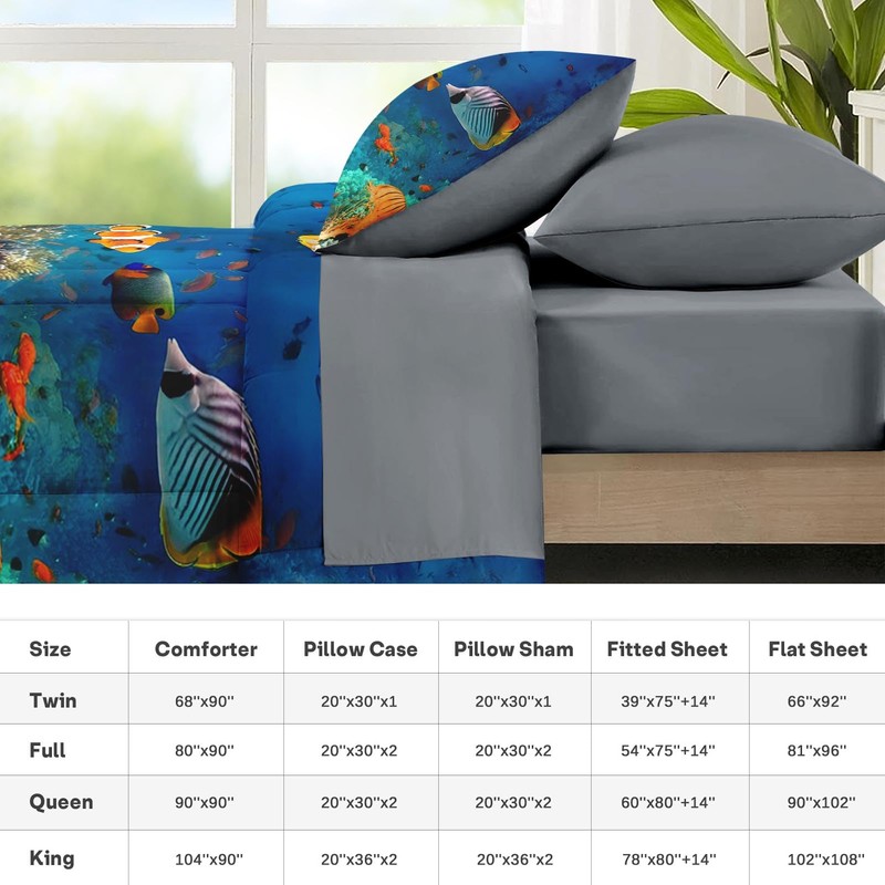 Queen Comforter Set with Sheets, 7 Pieces Underwater Sea Bedding