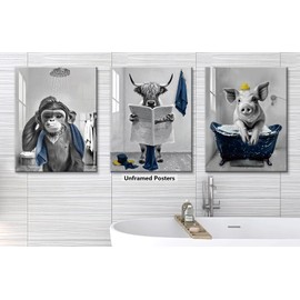 QPOKLAF Highland Cow Wall Art Canvas Prints Funny Bathroom Farmhouse Wall Decor,Vintage Animals Art Bedroom Blue Decorations Set of 3 (11x14inch,Unframed)