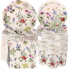 Ziliny 250 Pcs Wild Floral Disposable Tableware Set Wild Flower Disposable Paper Plates Watercolor Floral Napkins and Cups for Wedding Tea Party Decoration Bridal Shower Baby Shower