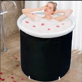 Portable Bathtub Adult Black Foldable Bathing Bathtub 6 Support Tubes Freestanding Ice Bath Tub with Top Air Ring Folding Soaking Bath Tub, 75cm Height 85cm Diameter
