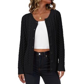 LILBETTER Womens Cable Knit Long Sleeve Crewneck Button Down Open Front Cardigan Sweater for Fall and Winter 2025(Black XX-Large)