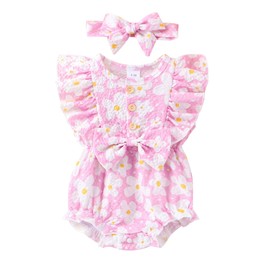ZZLBUF Newborn Baby Girl Summer Outfits Infant Cute Flower Ruffle Sleeveless Romper Bodysuit Headband 2Pcs Clothes Set (Purple, 0-3 Months)