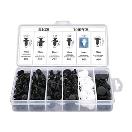 100 PCS Car Bumper Bolt Fastener Set, 6 Types of Door Panel Push Retainer Replacement HE26 with 6" Removal Tool, Bumper Push Retainer Clip Rivet Kit, Universal for Most Cars (White & Black)
