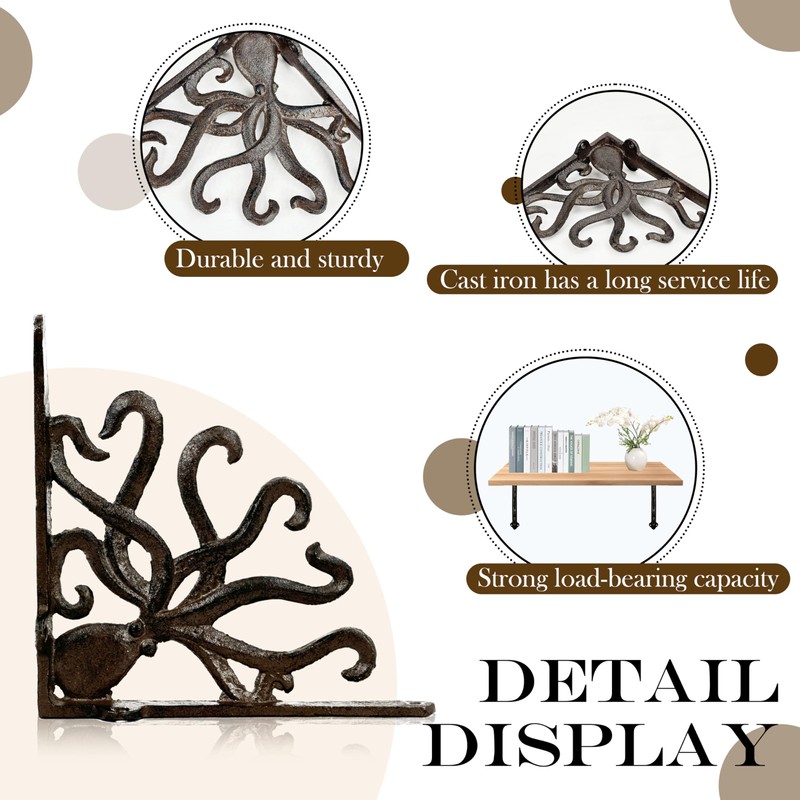 Linton Arts Octopus Cast Iron Shelf Brackets – 7.04"x7.04" Decorative