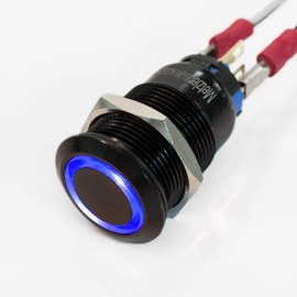 Flat Stainless Steel Button in Black - Diameter of 19 mm - Includes LED Ring Lighting - Waterproof (Blue)