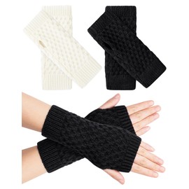 MELLIEX 2 Pairs Half Fingerless Gloves Winter Pulse Warmer Gloves with Thumb Hole Warm Knitted Hand Warmers Unisex, Black + white