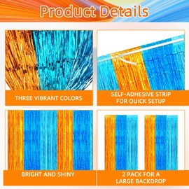 2 Pack 3.2ft x 6.6ft Blue Dogs Foil Fringe Curtains, Orange and Blue Metallic Tinsel Photo Props Streamers Backdrop for Kids Birthday, Wedding, Baby Shower, and Party Decorations