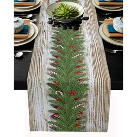 Christmas Garland Table Runner-Cotton Linen-Farmhouse Xmas Dinner Scarf Décor,Long 108 Inch Holiday Winter Dresser Scarves,Berry Pine Branch Rustic Kitchen Coffee/Dining Home Living Room Tablerunner
