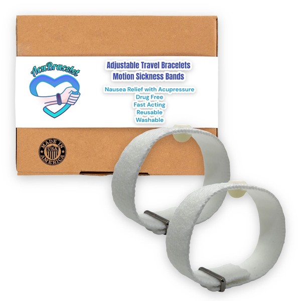 Motion Sickness Wristbands- Adjustable, Comfortable- Simple Nausea Relief for Car, Sea and Air (White) small/child size 6.5"