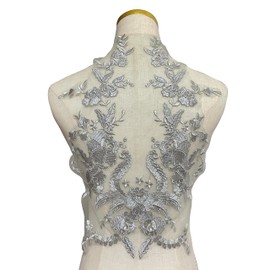 MMvolesy 1pc Grey Lace Flower Sew on Embroidered Lace Applique Wedding Dress Bride's Gown Headdress Adornment DIY Patch Clothing Accessories, 12.5 x 17 Inches