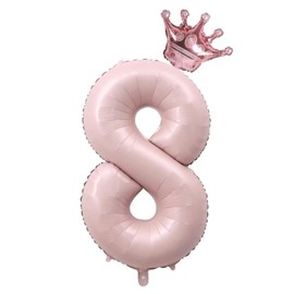 40-Inch Light Pink Number 8 Balloons With Crown, 8th Birthday Decorations for Girls, Anniversar Decorative Balloons. (Light pink 8)