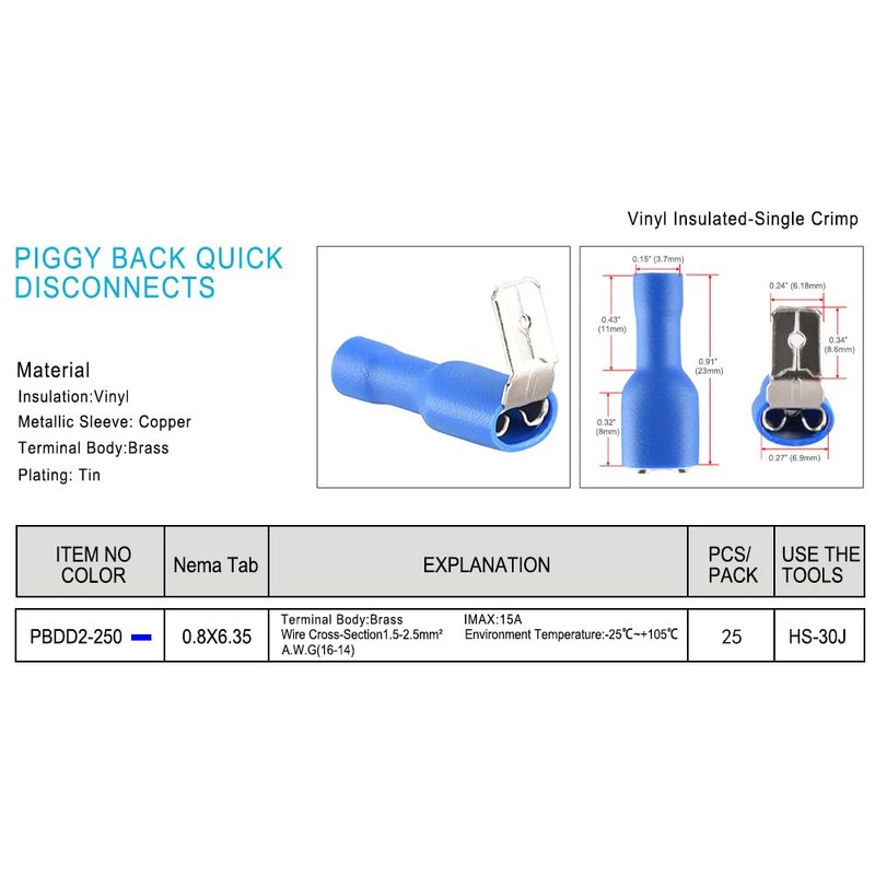 Heschen Piggyback Spade Crimp Terminal Connector 0.5-6.0mm², 22-10 AWG, Blue,