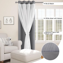XWZO 100% Blackout Double Layer Curtains, Blackout Curtains with Sheer Overlay for Living Room, Children's Room, Grommet Thermal Insulated Privacy Curtains with Tiebacks, 2 Panels, 52x84, Grey