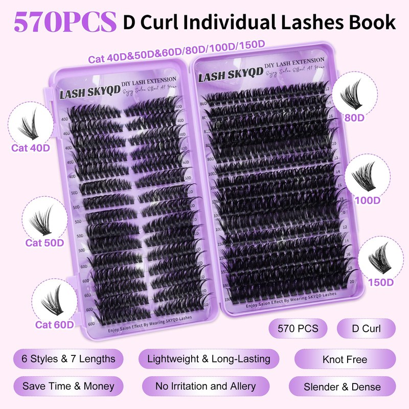 Lash Clusters Kit 570Pcs Individual Cluster Lash Extensions Kit 40D+50D+60D+80D+100D+150D