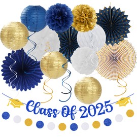 2025 Class Graduation Party-Decorations Banner-Streamers - 21pcs Navy Blue White Gold Congratulations Grad Backdrop Decor,Tassel Garland,Tissue Pom Poms Honeycomb,Paper Lantern Fans Hugtmr