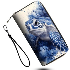 DSRGRGFDJ Leather Wallet for Women,Large Capacity RFID Blocking Clutch,Zip Around Purse with 42 Card Slots,Bill Compartments Coin Pocket-Turtle Retro Flower