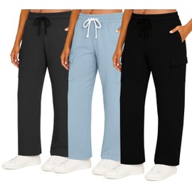 Real Essentials 3 Pack: Women's Fleece Cargo Sweatpants, Open Bottom Lounge & Athletic Casual Pants with Pockets - Set 3,L